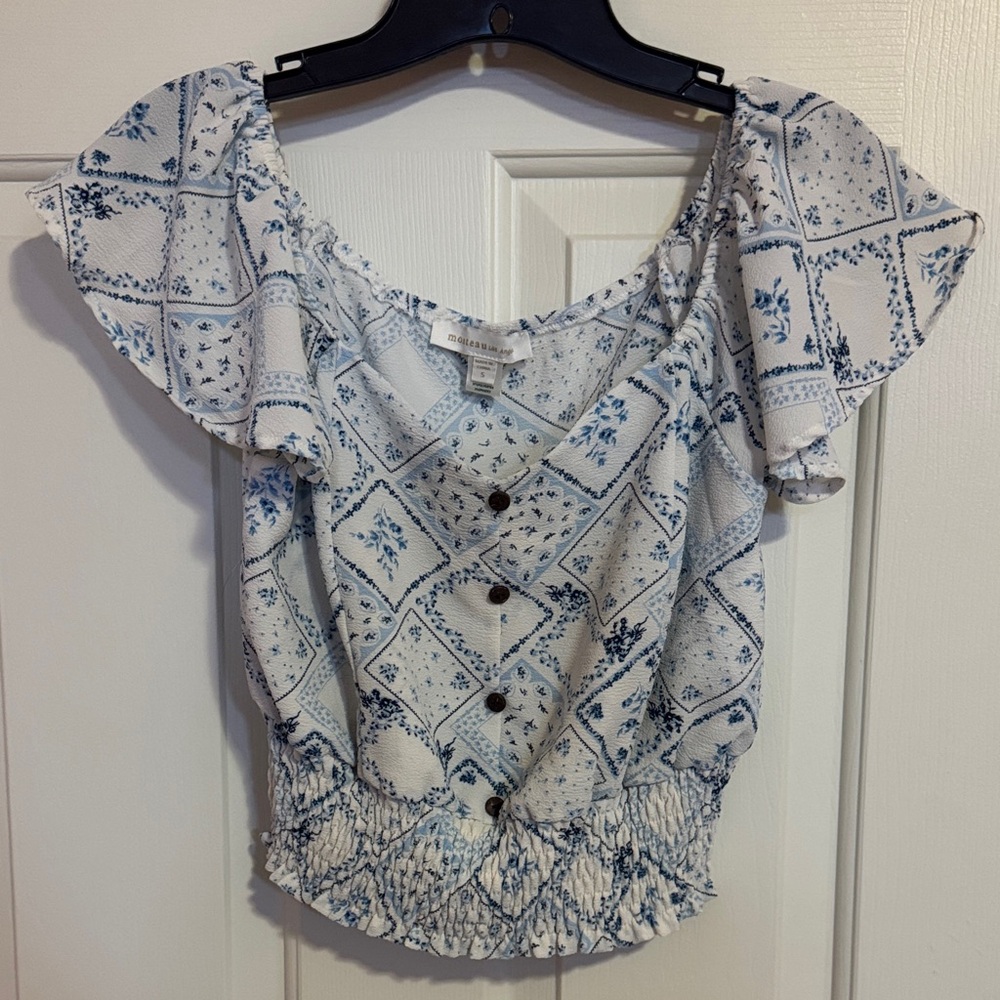 Monteau Blue and White Patterned Blouse